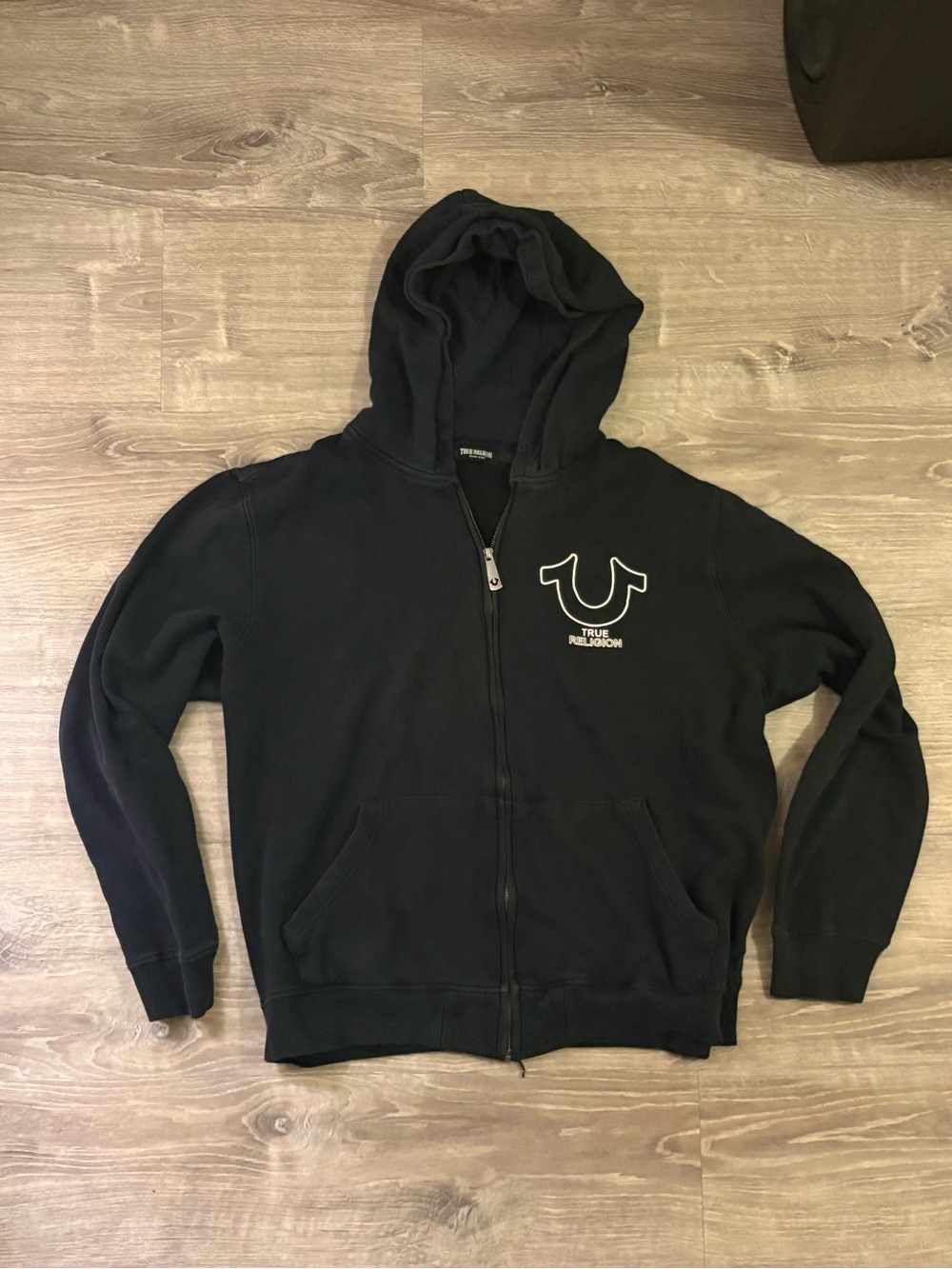 True Religion Black Zip-Up Hoodie with White Logo